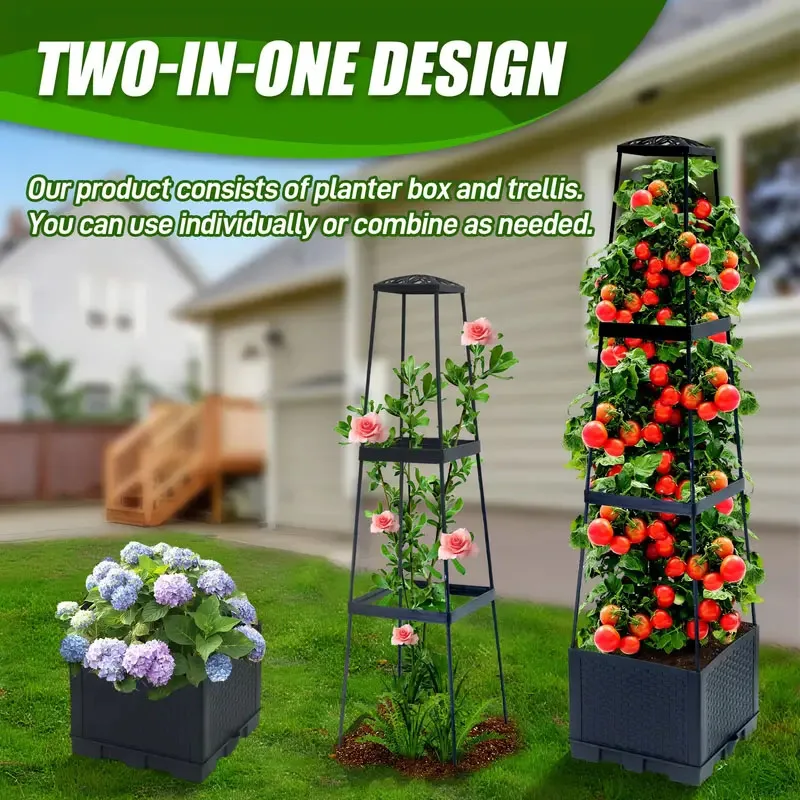Hydroponic Tower - ชุดปลูกมะเขือเทศแบบทาวเวอร์พร้อมกล่องปลูกแบบรดน้ำเองและโครงตาข่าย - สำหรับพืชเลื้อย ใช้ได้ทั้งในร่มและกลางแจ้ง 1 ชุด
